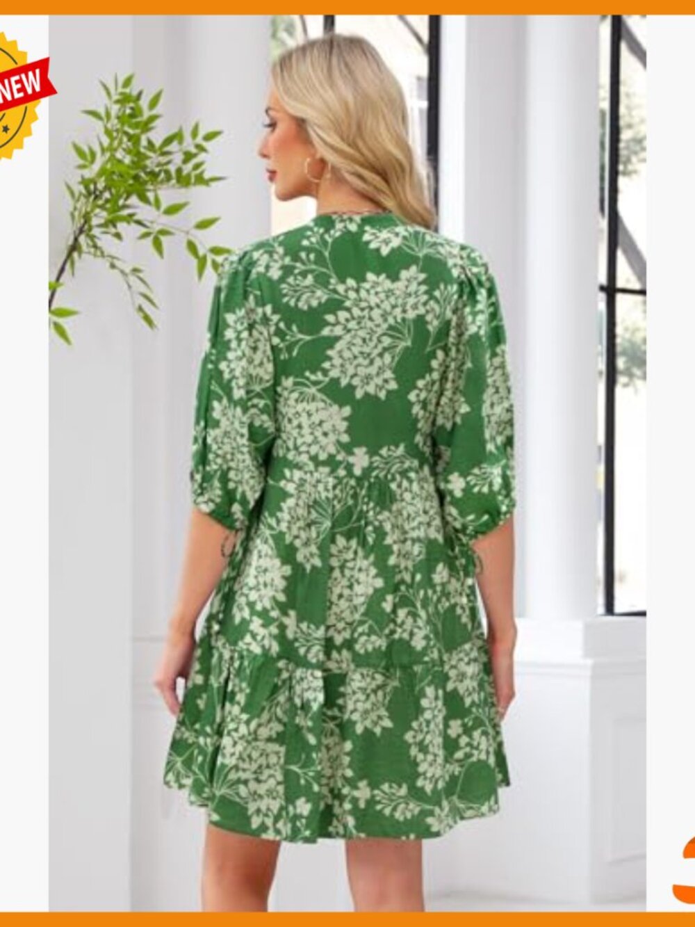 Floral Boho Shift Dress V Neck Puff Sleeve Button Down Summer Mini Dress - Picture 3 of 7